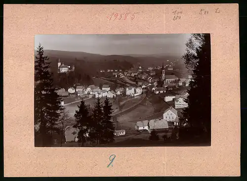 Fotografie Brück & Sohn Meissen, Ansicht Neuhausen i. Sa., Blick vom Wald auf den Ort mit Eisenbahnschienen
