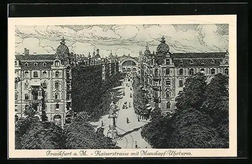 Künstler-AK Frankfurt a. M., Kaiserstrasse mit Manskopf-Uhrturm