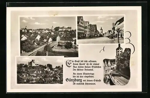 AK Günzburg im Donautal, Strassenpartie mit Geschäft, Teilansicht mit Schloss, Brücke