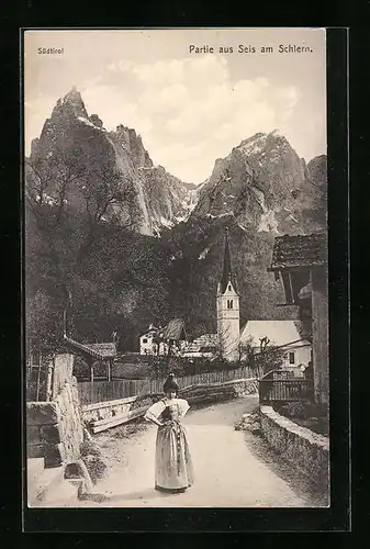 AK Seis am Schlern, Weg zur Kirche mit Frau