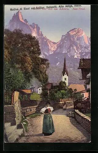 AK Siusi sul Sciliar, Weg zur Kirche mit Frau