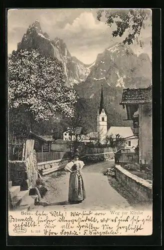 AK Seis am Schlern, Weg zur Kirche mit Frau