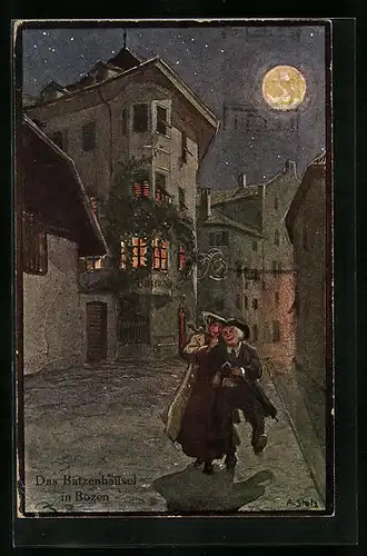 Künstler-AK Bozen, Das Batzenhäusel mit Paar bei Mondschein