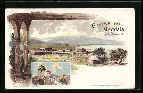 Lithographie Magdala am See Genezareth, Panorama, Ortspartie