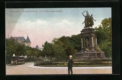 AK Hannover, Kriegerdenkmal und Hohenzollernstrasse mit Strassenbahn