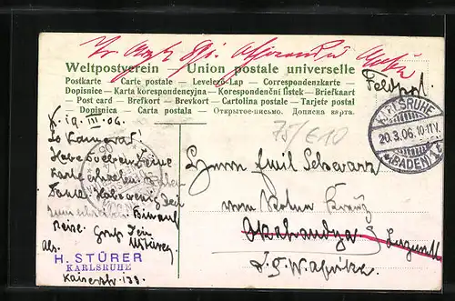 AK Karlsruhe, Kaiserstrasse mit Strassenbahnen