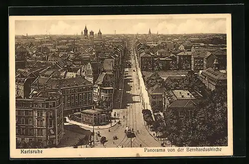 AK Karlsruhe, Panorama von der Bernharduskirche mit Strassenbahn