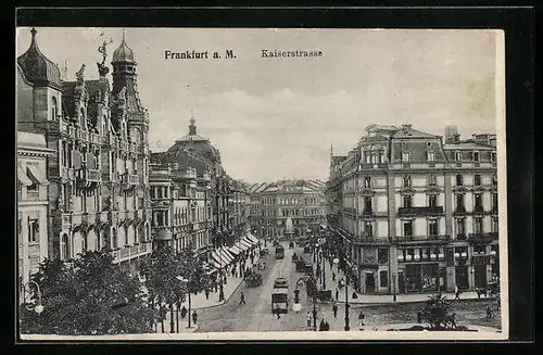 AK Frankfurt a. M., Kaiserstrasse mit Strassenbahnen aus der Vogelschau