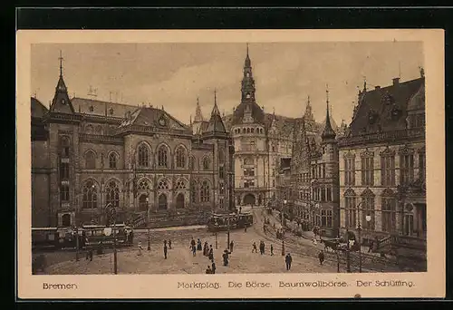 AK Bremen, Marktplatz mit Börse und Strassenbahnen