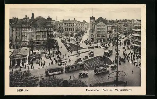 AK Berlin, Potsdamer Platz mit Verkehrsturm und Strassenbahnen