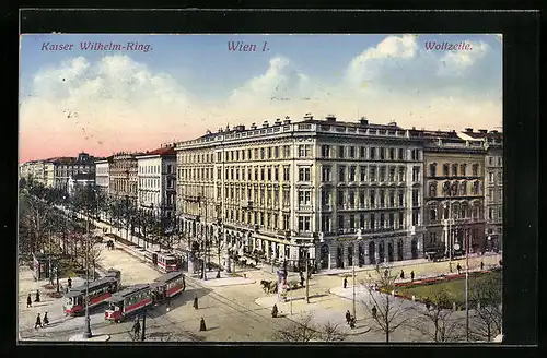 AK Wien, Kaiser Wilhelm-Ring mit Strassenbahnen aus der Vogelschau