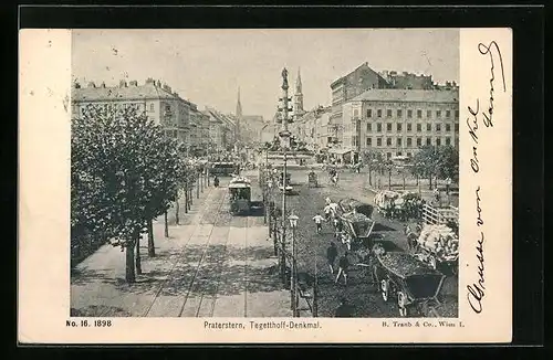 AK Wien, Praterstern -Tegetthof-Denkmal, Pferdewagen und Strassenbahn