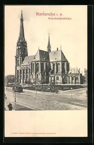 AK Karlsruhe i. B., Strassenbahn vor der Bernharduskirche