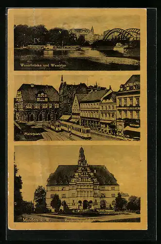 AK Minden i. W., Waserbrücke, Marktplatz mit Strassenbahn, Regierungsgebäude
