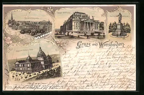 Lithographie Wiesbaden, Kochbrunnenplatz, Hoftheater, Augusta Victoria Bad