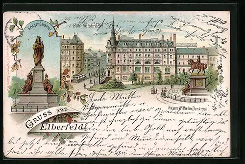 Lithographie Elberfeld, Bahnhofsbrücke und Kaiser Wilhelm Denkmal, Krieger Denkmal