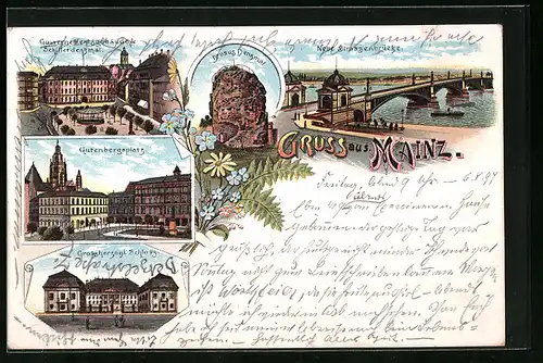 Lithographie Mainz, Gutenbergsplatz, Schloss, Neue Strassenbrücke