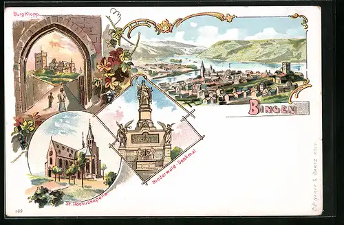 Lithographie Bingen, Ortsansicht mit Rhein, Burg Klopp, Niederwald-Denkmal