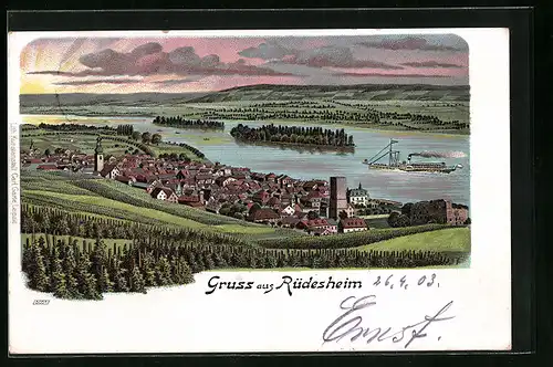 Lithographie Rüdesheim, Totalansicht mit Rheindampfer und Umgebung