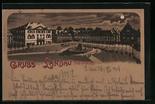 Mondschein-AK Landau /Pf., Rathausplatz mit Reiterstandbild