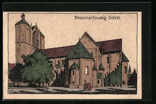 Steindruck-AK Braunschweig, Dom mit Vorplatz - Seitenansicht