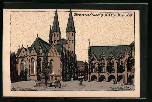 Steindruck-AK Braunschweig, Altstadtmarkt mit Brunnen und Blick auf Dom