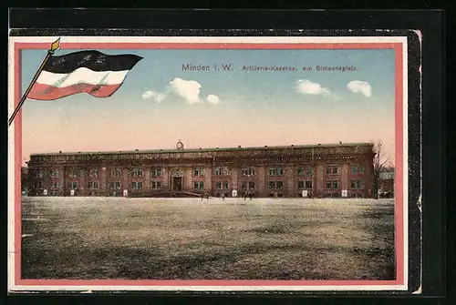 Künstler-AK Minden i. W., Artillerie-Kaserne, am Simeonsplatz, Nationalflagge