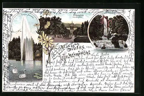 Lithographie Kassel-Wilhelmshöhe, Grosse Fontaine, Schloss von der Allee