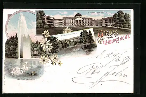 Lithographie Kassel-Wilhelmshöhe, Frontansicht Schloss, Grosse Fontaine