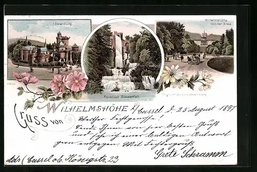 Lithographie Kassel-Wilhelmshöhe, Löwenburg, Schloss von der Allee, Aquaduct Wasserfall