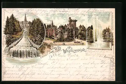 Lithographie Kassel-Wilhelmshöhe, Hercules mit den Cascaden, Löwenburg