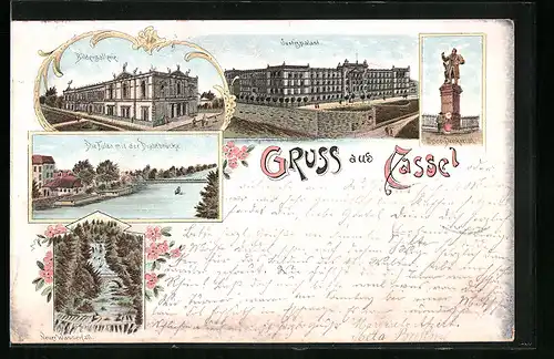 Lithographie Cassel, Justizpalast, Fulda mit Drahtbrücke, Neuer Wasserfall