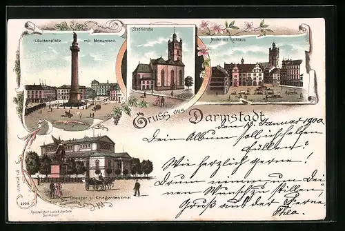 Lithographie Darmstadt, Stadtkirche, Markt, Louisenplatz mit Monument