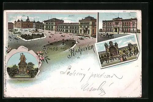 Lithographie Hannover, Bahnhof mit Vorplatz, Ständehaus, Tivoli-Garten