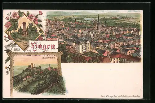 Lithographie Hagen, Teilansicht aus der Vogelschau, Von Vinke-Thurm, Blankenstein