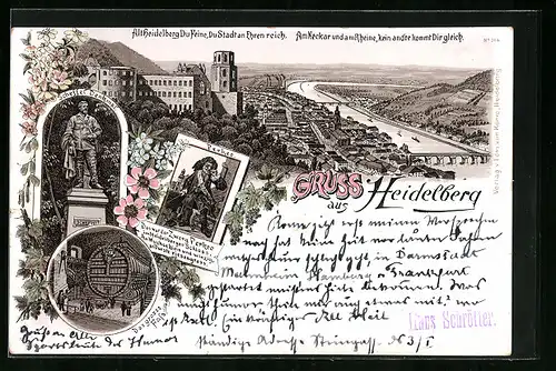 Lithographie Heidelberg, Ortsansicht aus der Vogelschau, Zwerg Perkeo, Grosses Fass
