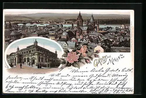 Lithographie Mainz, Teilansicht aus der Vogelschau, Stadthalle