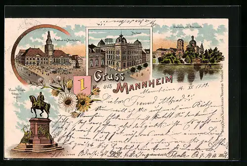 Lithographie Mannheim, Stadtpark mit Strernwarte, Posthaus, Rathaus
