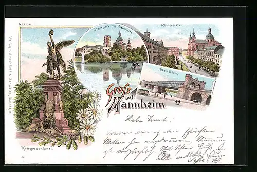Lithographie Mannheim, Rheinbrücke, Kriegerdenkmal, Schillerplatz