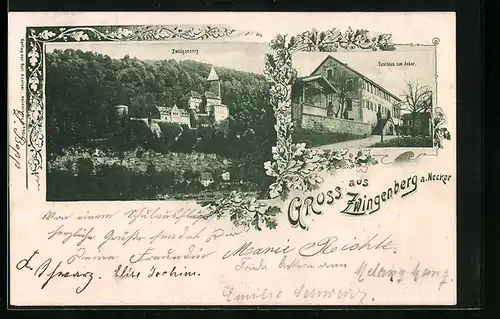 Künstler-AK Zwingenberg /Neckar, Ortsansicht und Gasthaus zum Anker, Eichengirlanden