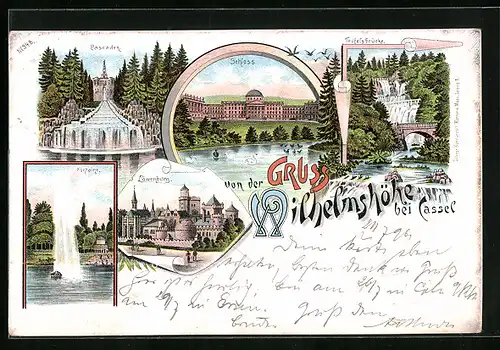 Lithographie Cassel-Wilhelmshöhe, Schloss, Cascaden, Löwenburg