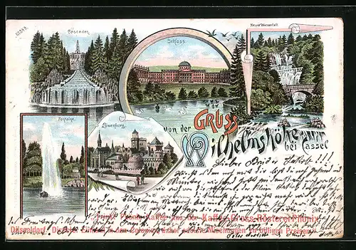 Lithographie Cassel-Wilhelmshöhe, Fontaine, Cascaden, Schloss, Neuer Wasserfall