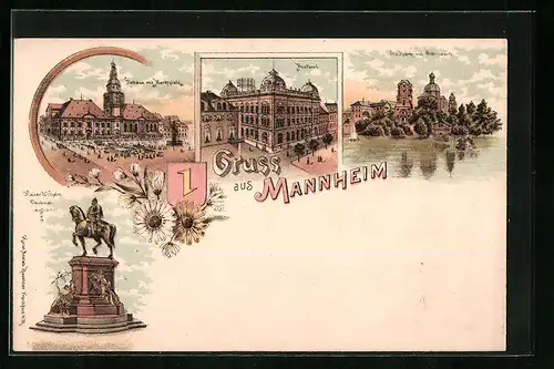 Lithographie Mannheim, Postamt, Rathaus mit Marktplatz, Stadtpark mit Sternwarte