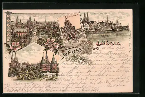 Lithographie Lübeck, Ortsansicht vom Dom, Schifferhaus, Teilansicht mit Holstenthor, Hafen an der Trave