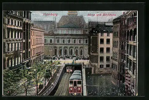 AK Hamburg, Börse und Hochbahntunnel mit U-Bahnen