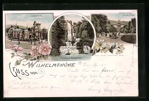Lithographie Kassel-Wilhelmshöhe, Ortsansicht von der Allee, Löwenburg, Aquaduct Wasserfall