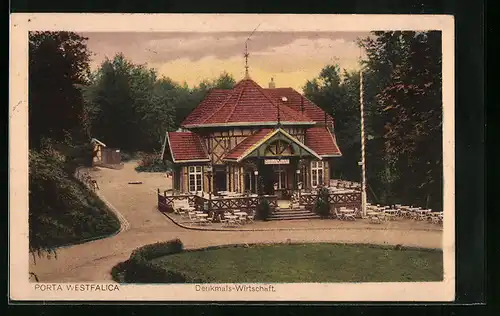 AK Porta Westfalica, Gasthaus Denkmals-Wirtschaft aus der Vogelschau