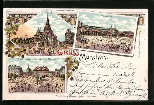 Lithographie München, Gasthaus Löwenbräukeller, Bahnhof