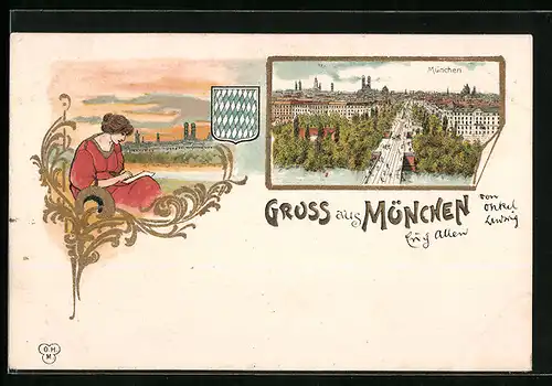 Lithographie München, Isarpartie mit junger Frau, Teilansicht aus der Vogelschau, Wappen