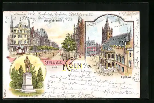 Lithographie Köln, Hohenzollernring und Rathaus